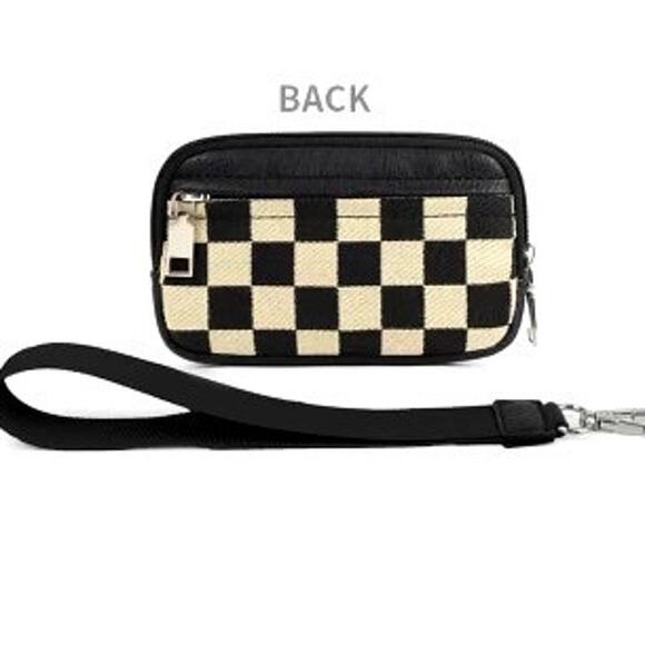 Checkered Vegan Leather ID Wallet Canvas Wristlet Black - Picture 3 of 4